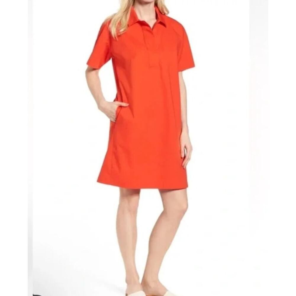 Eileen Fisher Short-Sleeve Poplin Orange Organic Cotton Collared Shirt Dress XS‎